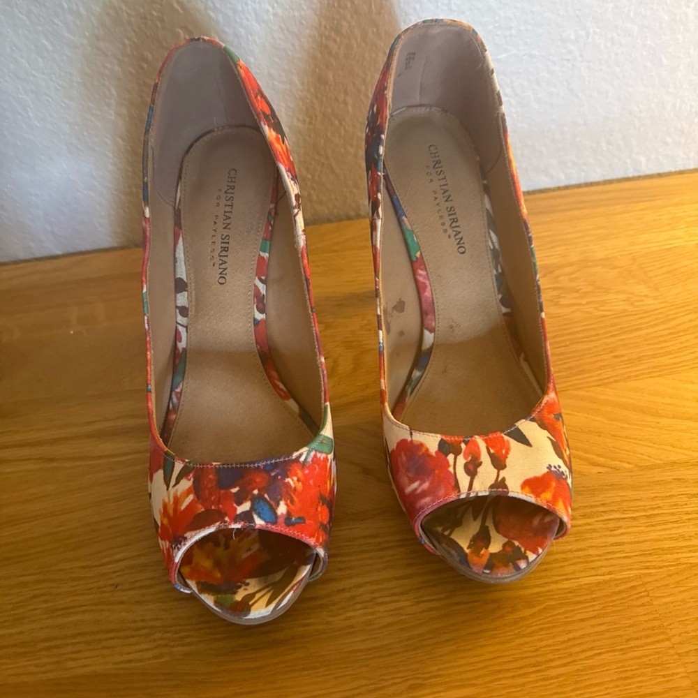 Christian Siriano Red Floral Peep-Toe Heels